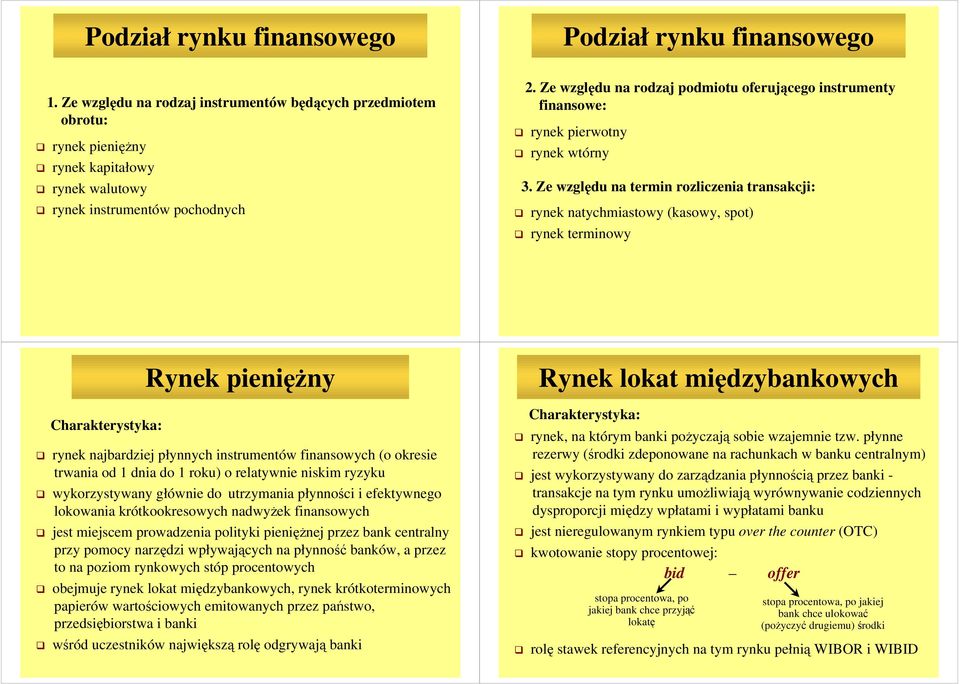 Ze względu na termin rozliczenia transakcji: rynek natychmiastowy (kasowy, spot) rynek terminowy Rynek pienięŝny rynek najbardziej płynnych instrumentów finansowych (o okresie trwania od 1 dnia do 1