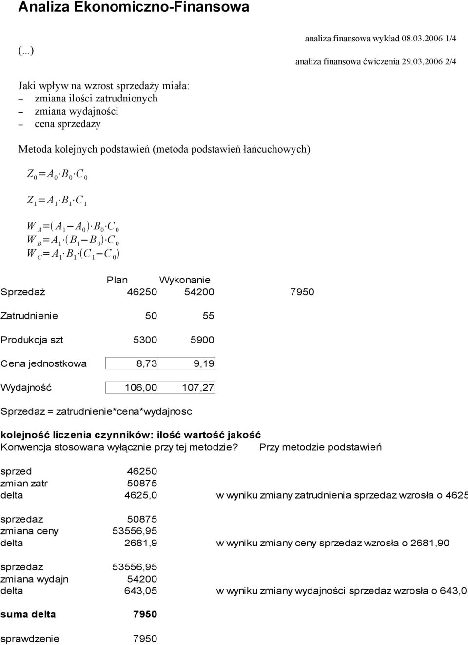 2006 2/4 Jaki wpływ na wzrost sprzedaży miała: zmiana ilości zatrudnionych zmiana wydajności cena sprzedaży Metoda kolejnych podstawień (metoda podstawień łańcuchowych) Z 0 =A 0 B 0 C 0 Z 1 = A 1 B 1