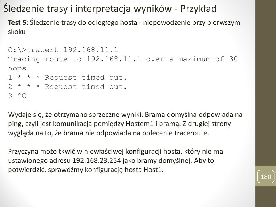 Brama domyślna odpowiada na ping, czyli jest komunikacja pomiędzy Hostem1 i bramą. Z drugiej strony wygląda na to, że brama nie odpowiada na polecenie traceroute.