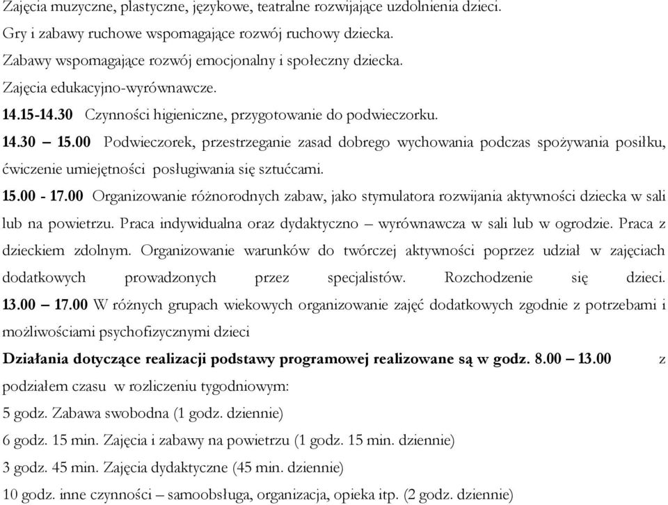 00 Podwieczorek, przestrzeganie zasad dobrego wychowania podczas spożywania posiłku, ćwiczenie umiejętności posługiwania się sztućcami. 15.00-17.