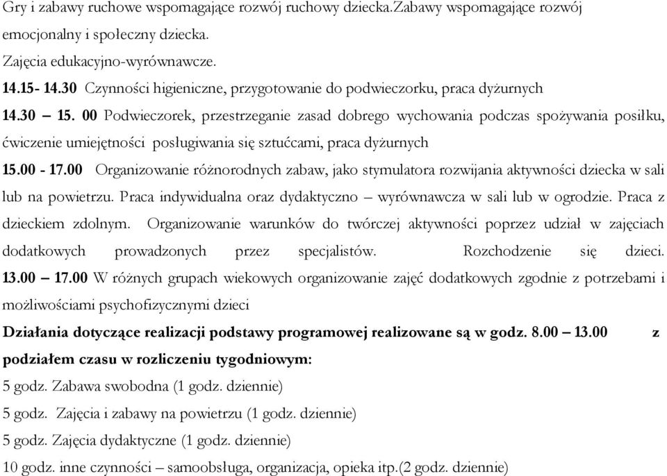 00 Podwieczorek, przestrzeganie zasad dobrego wychowania podczas spożywania posiłku, ćwiczenie umiejętności posługiwania się sztućcami, praca dyżurnych 15.00-17.