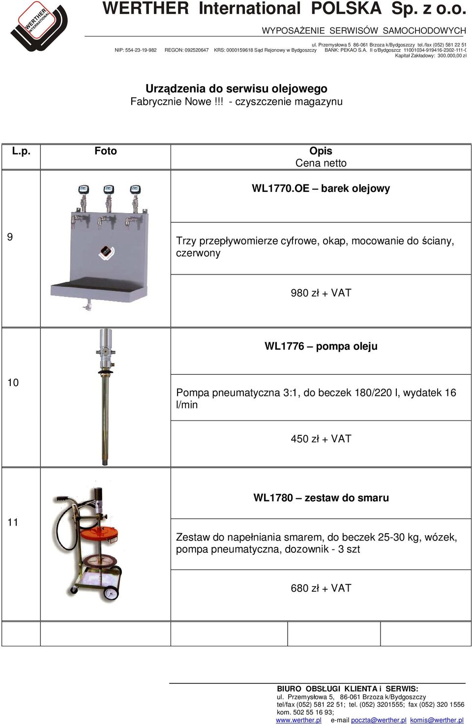 pompa oleju 10 Pompa pneumatyczna 3:1, do beczek 180/220 l, wydatek 16 l/min 450 zł + VAT WL1780 zestaw do