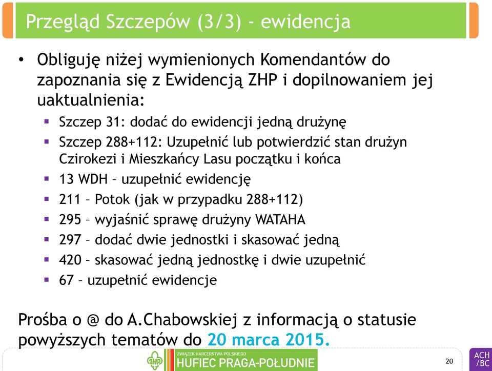 WDH uzupełnić ewidencję 211 Potok (jak w przypadku 288+112) 295 wyjaśnić sprawę drużyny WATAHA 297 dodać dwie jednostki i skasować jedną 420
