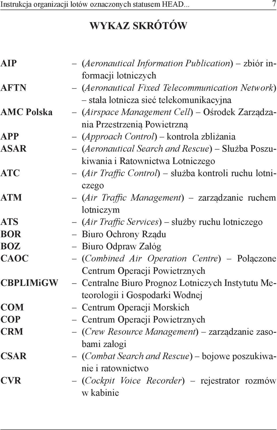 Telecommunication Network) stała lotnicza sieć telekomunikacyjna (Airspace Management Cell) Ośrodek Zarządzania Przestrzenią Powietrzną (Approach Control) kontrola zbliżania (Aeronautical Search and