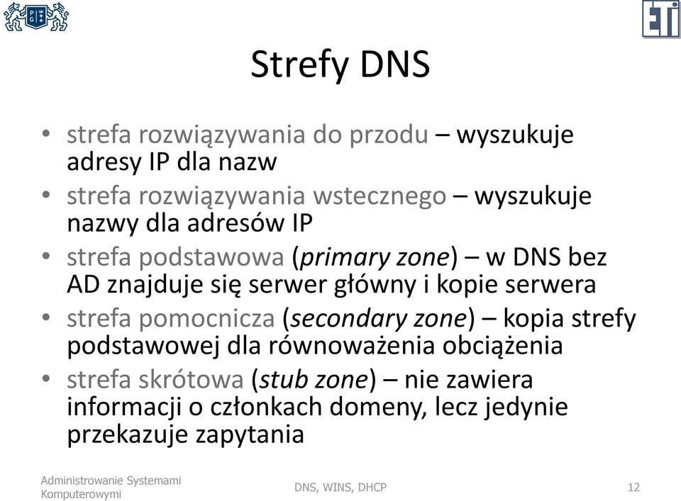 kopie serwera strefa pomocnicza (secondary zone) kopia strefy podstawowej dla równoważenia obciążenia strefa