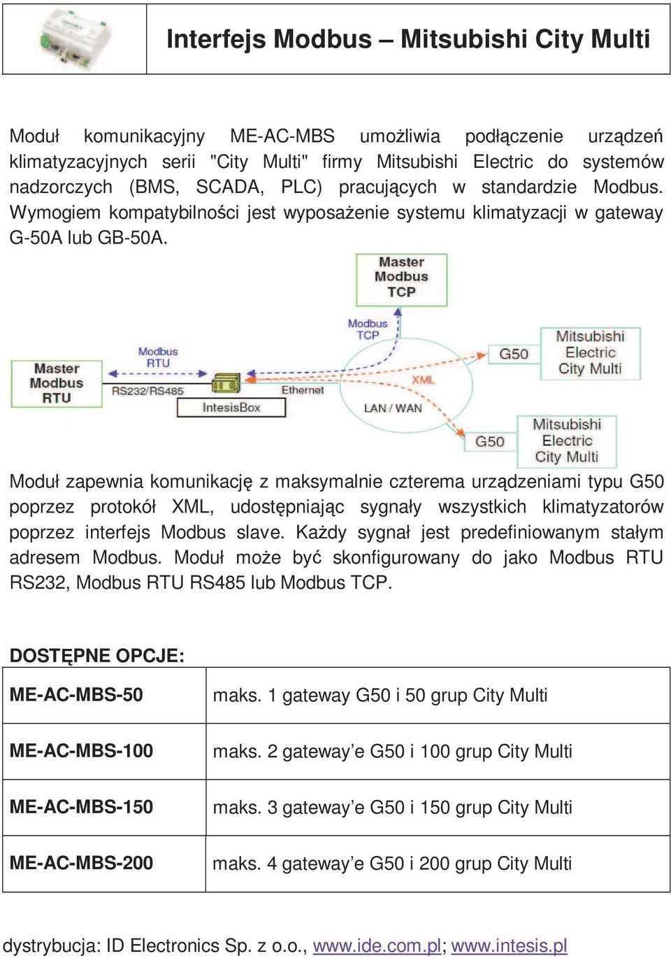 Moduł zapewnia komunikację z maksymalnie czterema urządzeniami typu G50 poprzez protokół XML, udostępniając sygnały wszystkich klimatyzatorów poprzez interfejs Modbus slave.