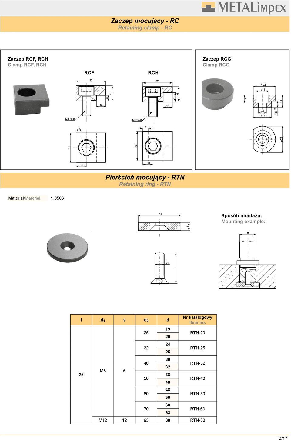 0503 Sposób montażu: Mounting example: l d 1 s d 2 d 25 M8 6 25 32 40 50 60 70 19
