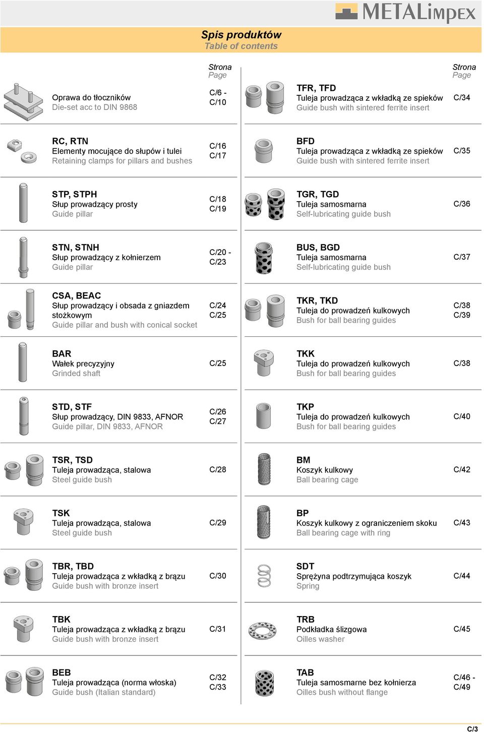 STPH Słup prowadzący prosty Guide pillar C/18 C/19 TGR, TGD Tuleja samosmarna Self-lubricating guide bush C/36 STN, STNH Słup prowadzący z kołnierzem Guide pillar C/20 - C/23 BUS, BGD Tuleja