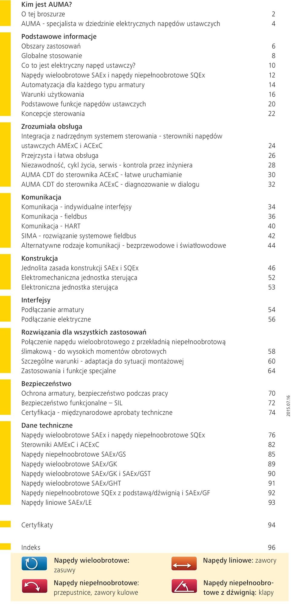 10 Napędy wieloobrotowe SAEx i napędy niepełnoobrotowe SQEx 12 Automatyzacja dla każdego typu armatury 14 Warunki użytkowania 16 Podstawowe funkcje napędów ustawczych 20 Koncepcje sterowania 22