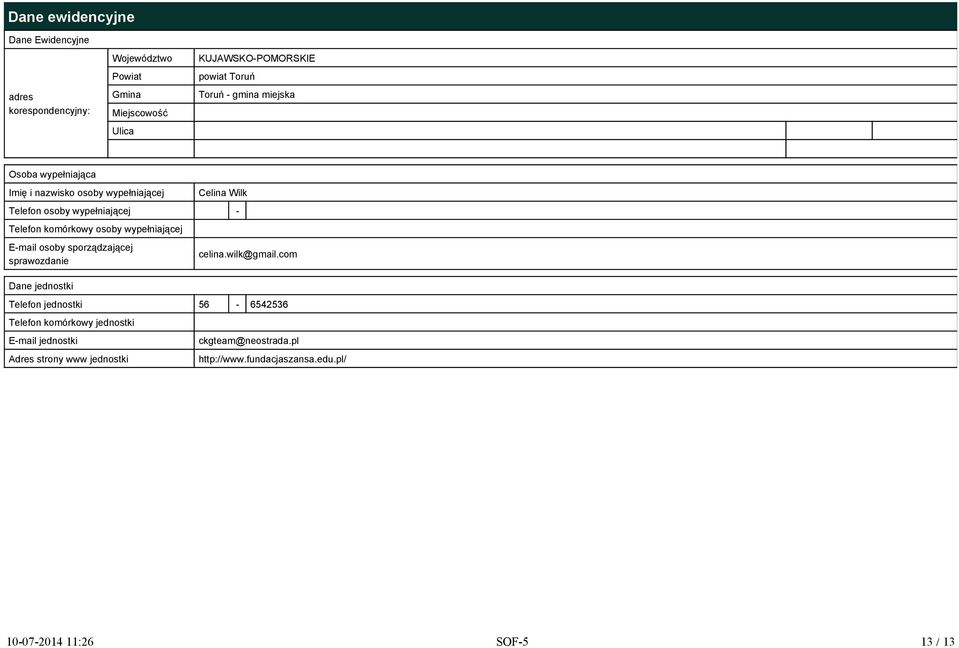 wypełniającej E-mail osoby sporządzającej sprawozdanie Dane jednostki celina.wilk@gmail.