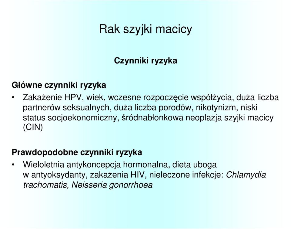 socjoekonomiczny, śródnabłonkowa neoplazja szyjki macicy (CIN) Prawdopodobne czynniki ryzyka Wieloletnia