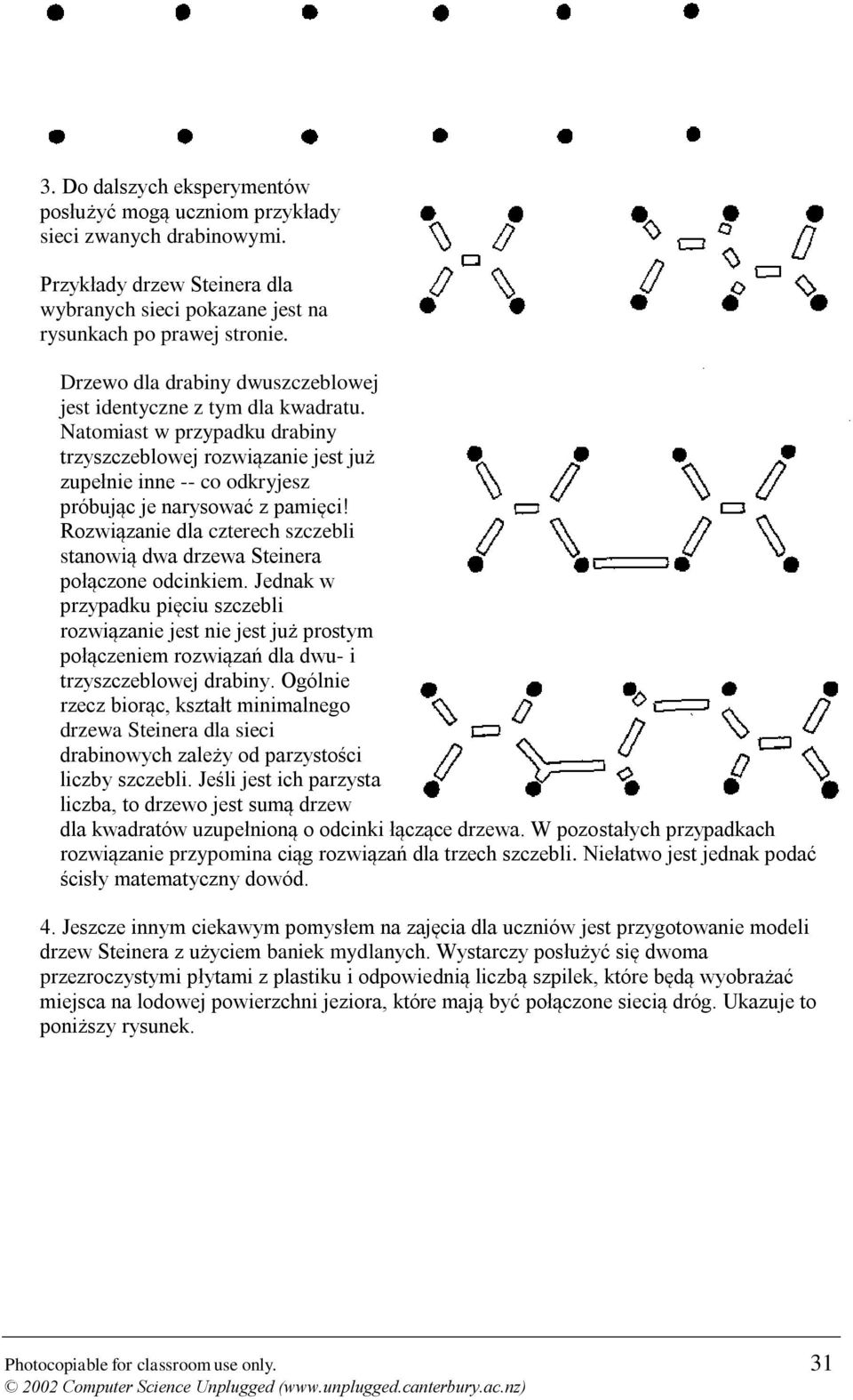 Rozwiązanie dla czterech szczebli stanowią dwa drzewa Steinera połączone odcinkiem.