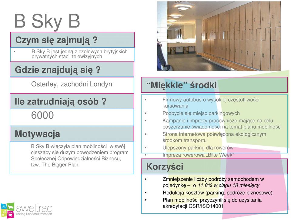 Firmowy autobus o wysokiej częstotliwości kursowania Pozbycie się miejsc parkingowych Kampanie i imprezy pracownicze mające na celu poszerzanie świadomości na temat planu mobilności