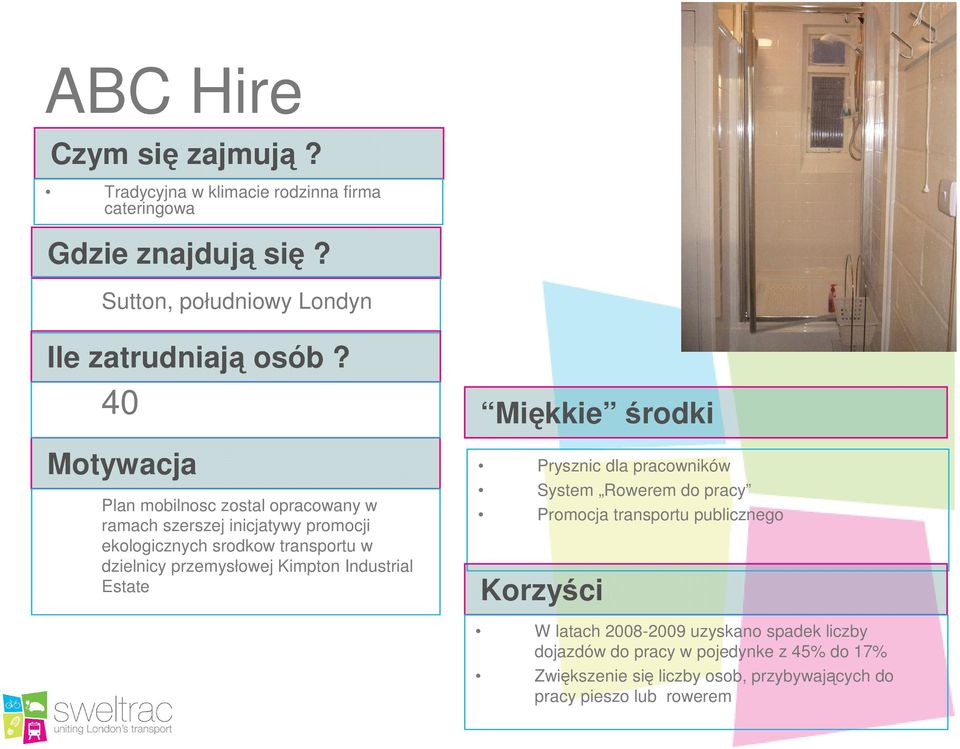 Estate Prysznic dla pracowników System Rowerem do pracy Promocja transportu publicznego W latach 2008-2009 uzyskano