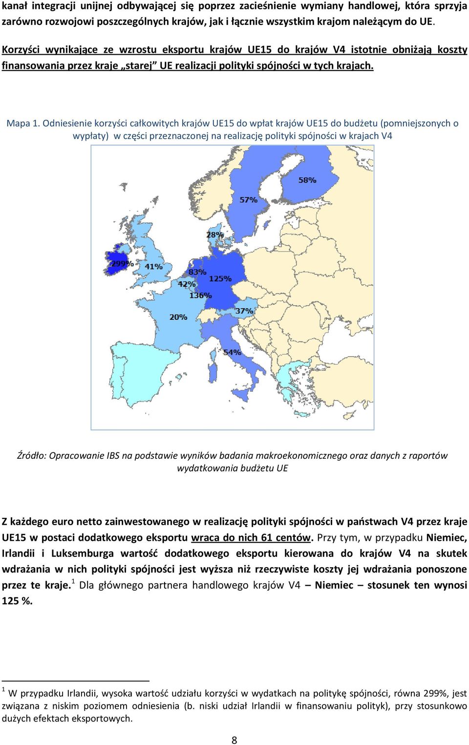 Odniesienie korzyści całkowitych krajów UE15 do wpłat krajów UE15 do budżetu (pomniejszonych o wypłaty) w części przeznaczonej na realizację polityki spójności w krajach V4 Źródło: Opracowanie IBS na