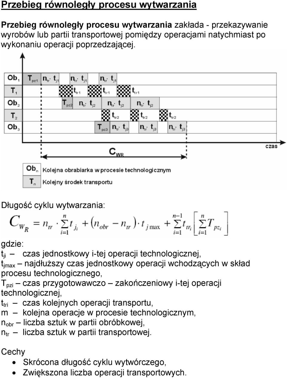 Długość cyklu wytwarzania: gdzie: t ji czas jednostkowy i-tej operacji technologicznej, t jmax najdłuższy czas jednostkowy operacji wchodzących w skład procesu technologicznego,
