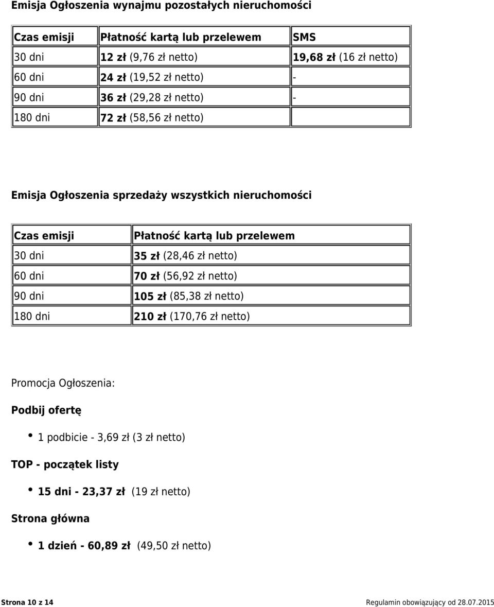 dni 35 zł (28,46 zł netto) 60 dni 70 zł (56,92 zł netto) 90 dni 105 zł (85,38 zł netto) 180 dni 210 zł (170,76 zł netto) Promocja Ogłoszenia: Podbij ofertę 1 podbicie -