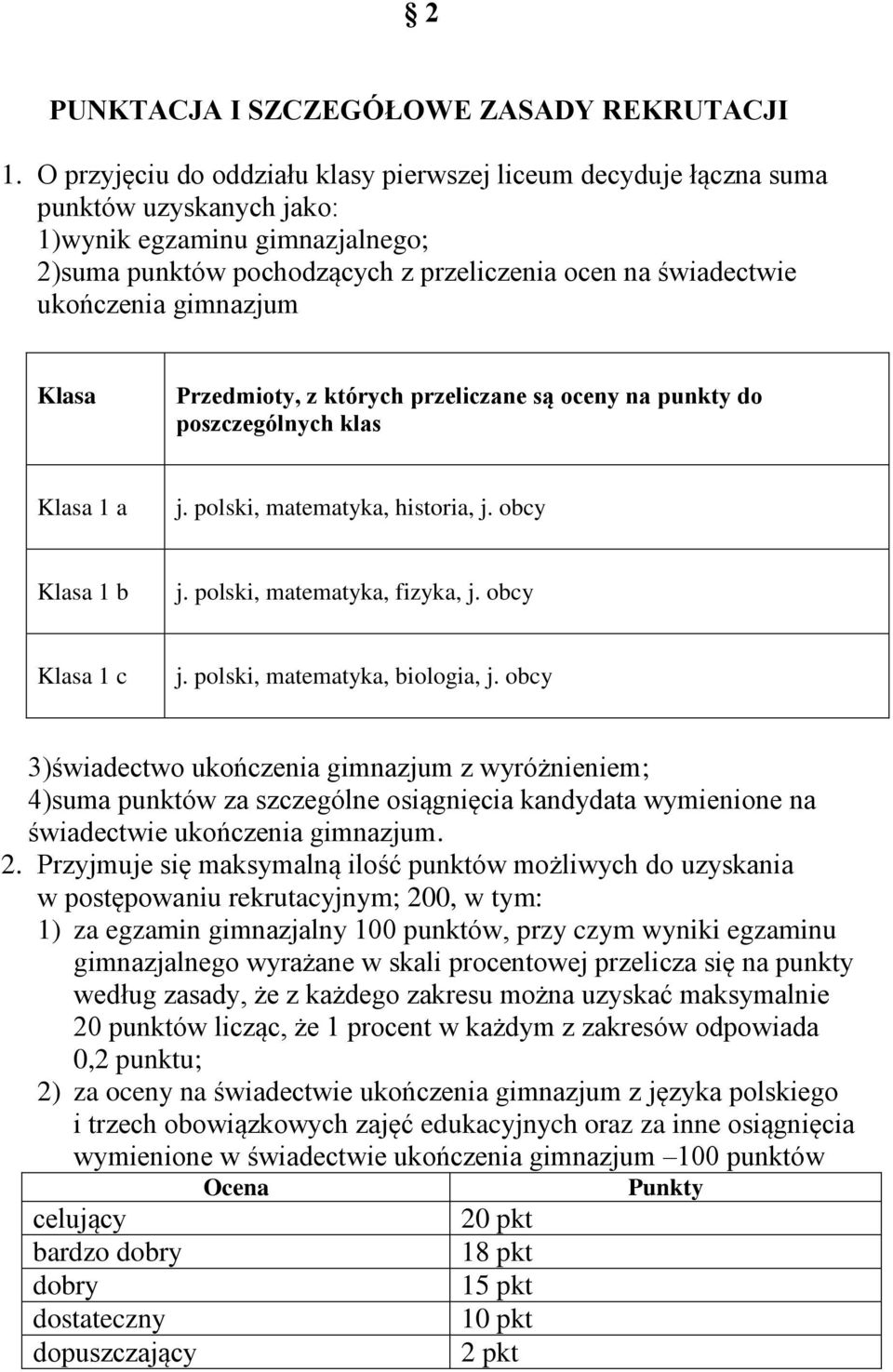 gimnazjum Klasa Przedmioty, z których przeliczane są oceny na punkty do poszczególnych klas Klasa 1 a j. polski, matematyka, historia, j. obcy Klasa 1 b j. polski, matematyka, fizyka, j.