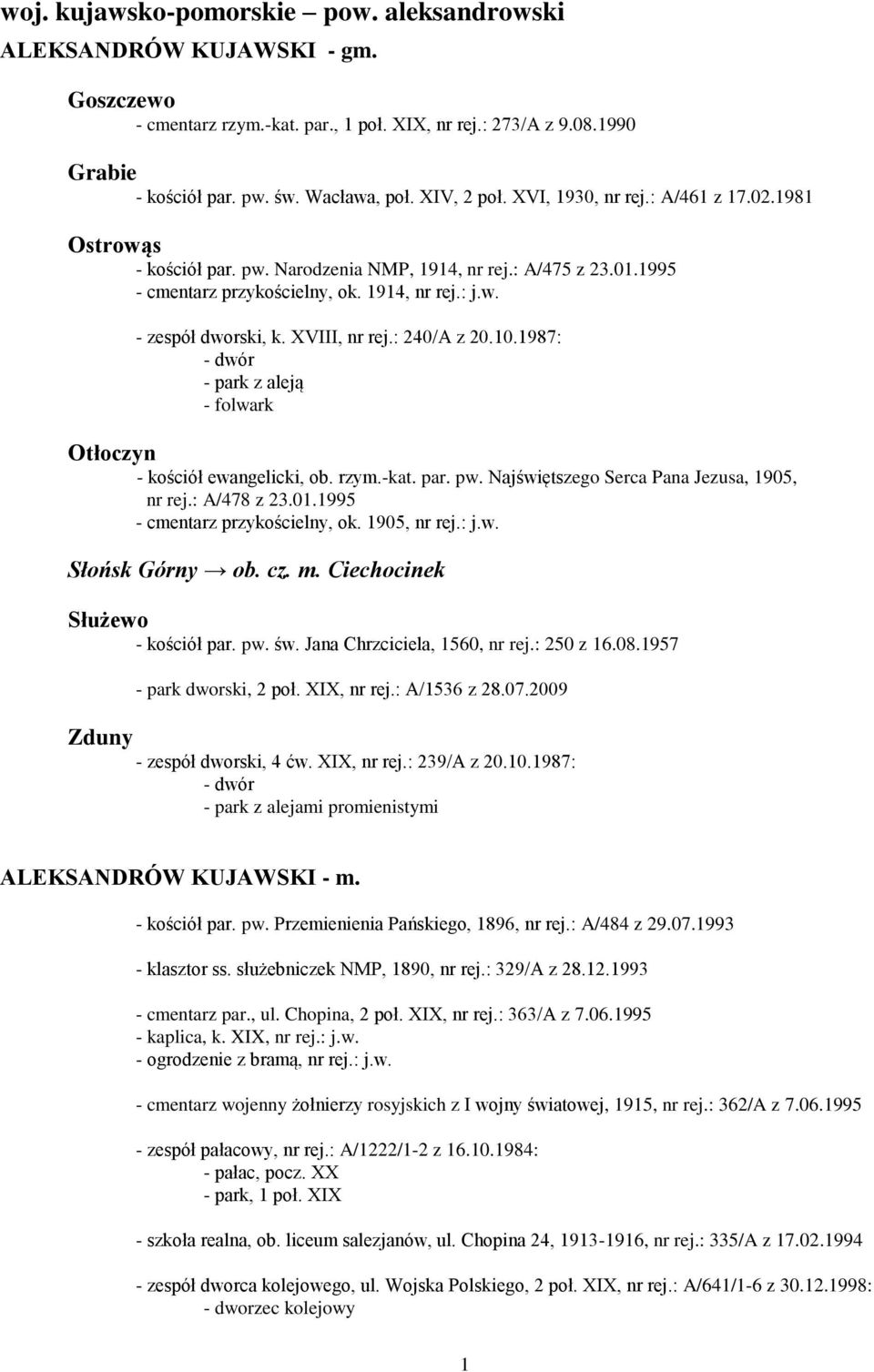 XVIII, nr rej.: 240/A z 20.10.1987: z aleją - folwark Otłoczyn - kościół ewangelicki, ob. rzym.-kat. par. pw. Najświętszego Serca Pana Jezusa, 1905, nr rej.: A/478 z 23.01.