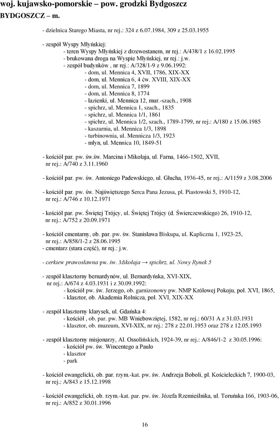 1992: - dom, ul. Mennica 4, XVII, 1786, XIX-XX - dom, ul. Mennica 6, 4 ćw. XVIII, XIX-XX - dom, ul. Mennica 7, 1899 - dom, ul. Mennica 8, 1774 - łazienki, ul. Mennica 12, mur.-szach.