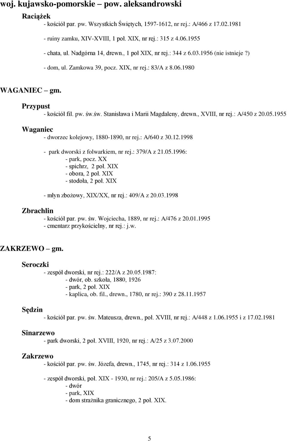 św. Stanisława i Marii Magdaleny, drewn., XVIII, nr rej.: A/450 z 20.05.1955 Waganiec - dworzec kolejowy, 1880-1890, nr rej.: A/640 z 30.12.1998 dworski z folwarkiem, nr rej.: 379/A z 21.05.1996:, pocz.