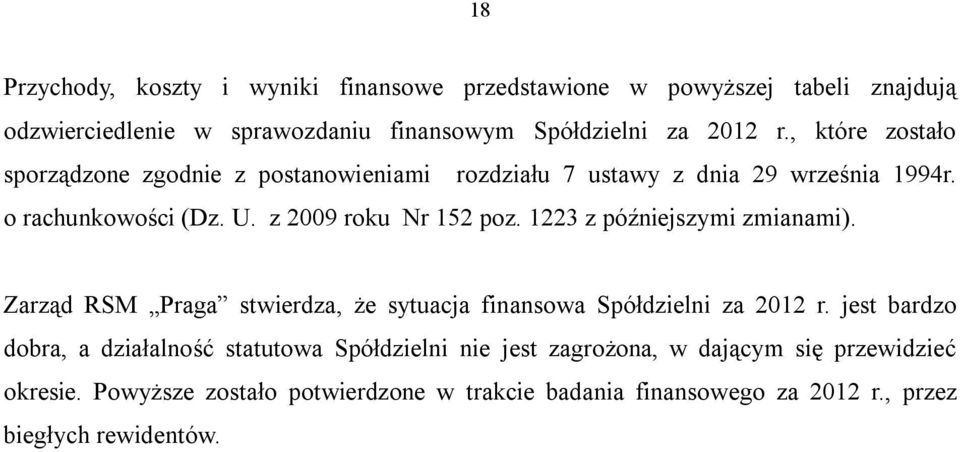 1223 z późniejszymi zmianami). Zarząd RSM Praga stwierdza, że sytuacja finansowa Spółdzielni za 2012 r.