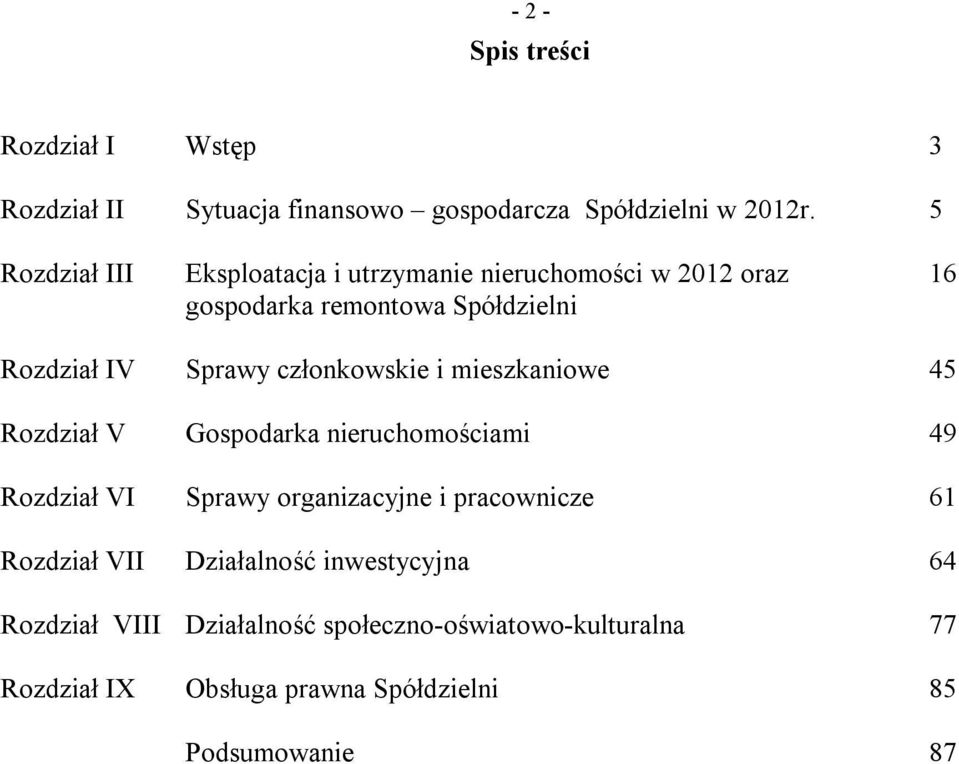 członkowskie i mieszkaniowe 45 Rozdział V Gospodarka nieruchomościami 49 Rozdział VI Sprawy organizacyjne i pracownicze 61