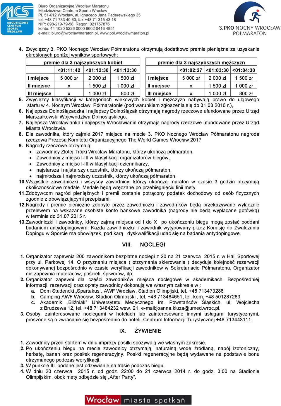 000 zł 2 000 zł 1 500 zł II miejsce x 1 500 zł 1 000 zł premie dla 3 najszybszych mężczyzn <01:02:27 <01:03:30 <01:04:30 I miejsce 5 000 zł 2 000 zł 1 500 zł II miejsce x 1 500 zł 1 000 zł III