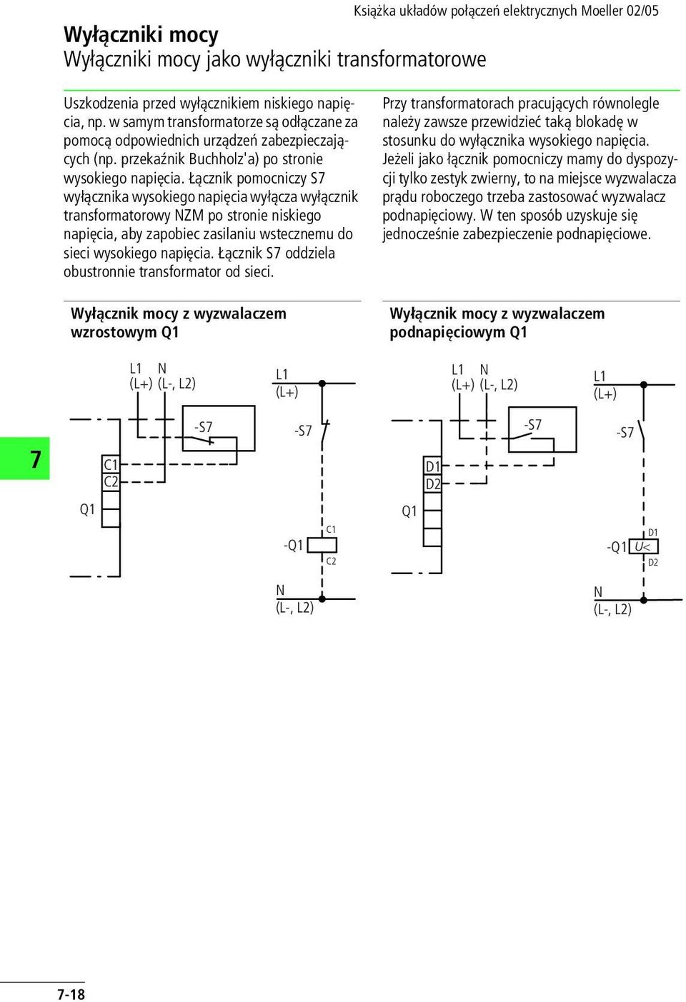 Łącznik pomocniczy S wyłącznika wysokiego napięcia wyłącza wyłącznik transformatorowy ZM po stronie niskiego napięcia, aby zapobiec zasilaniu wstecznemu do sieci wysokiego napięcia.