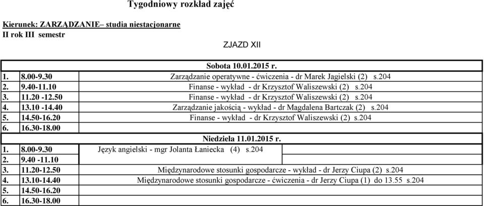 204 Finanse - wykład - dr Krzysztof Waliszewski (2) s.204 Niedziela 11.01.2015 r. Język angielski - mgr Jolanta Łaniecka (4) s.