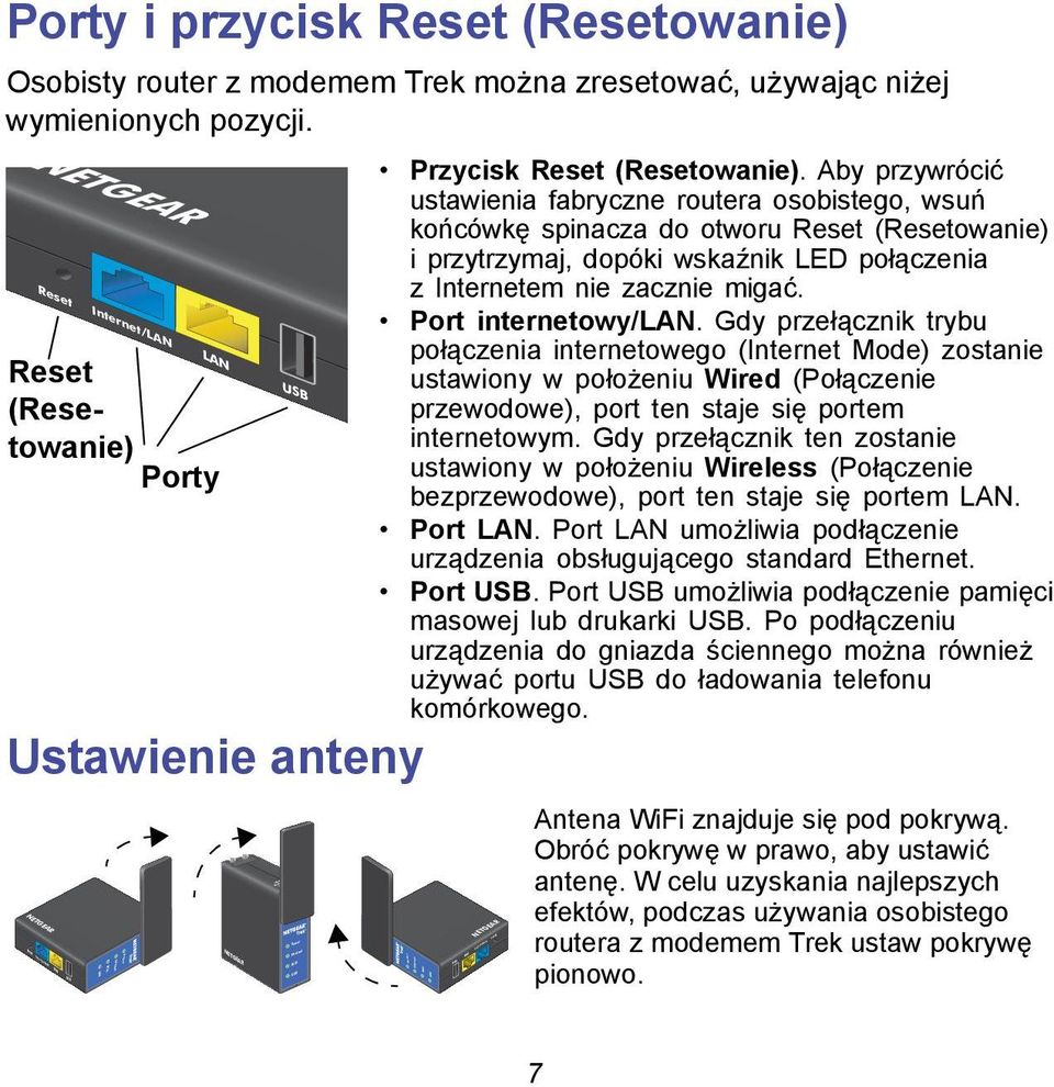 Aby przywrócić ustawienia fabryczne routera osobistego, wsuń końcówkę spinacza do otworu Reset (Resetowanie) i przytrzymaj, dopóki wskaźnik LED połączenia z em nie zacznie migać. Port internetowy/lan.