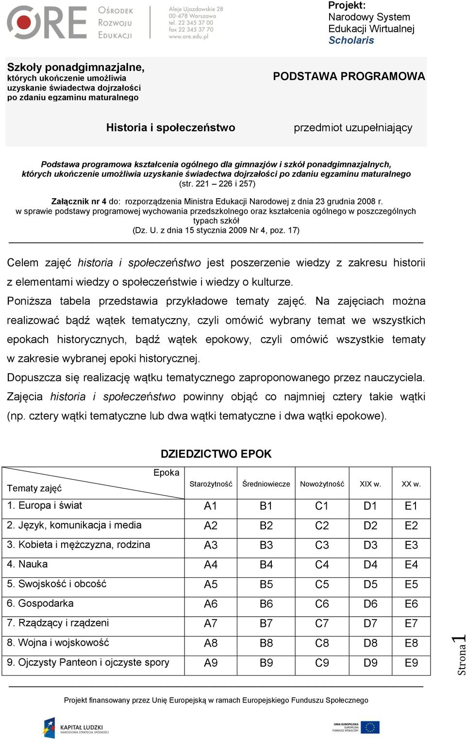 17) Celem zajęć historia i społeczeństwo jest poszerzenie wiedzy z zakresu historii z elementami wiedzy o społeczeństwie i wiedzy o kulturze. Poniższa tabela przedstawia przykładowe tematy zajęć.