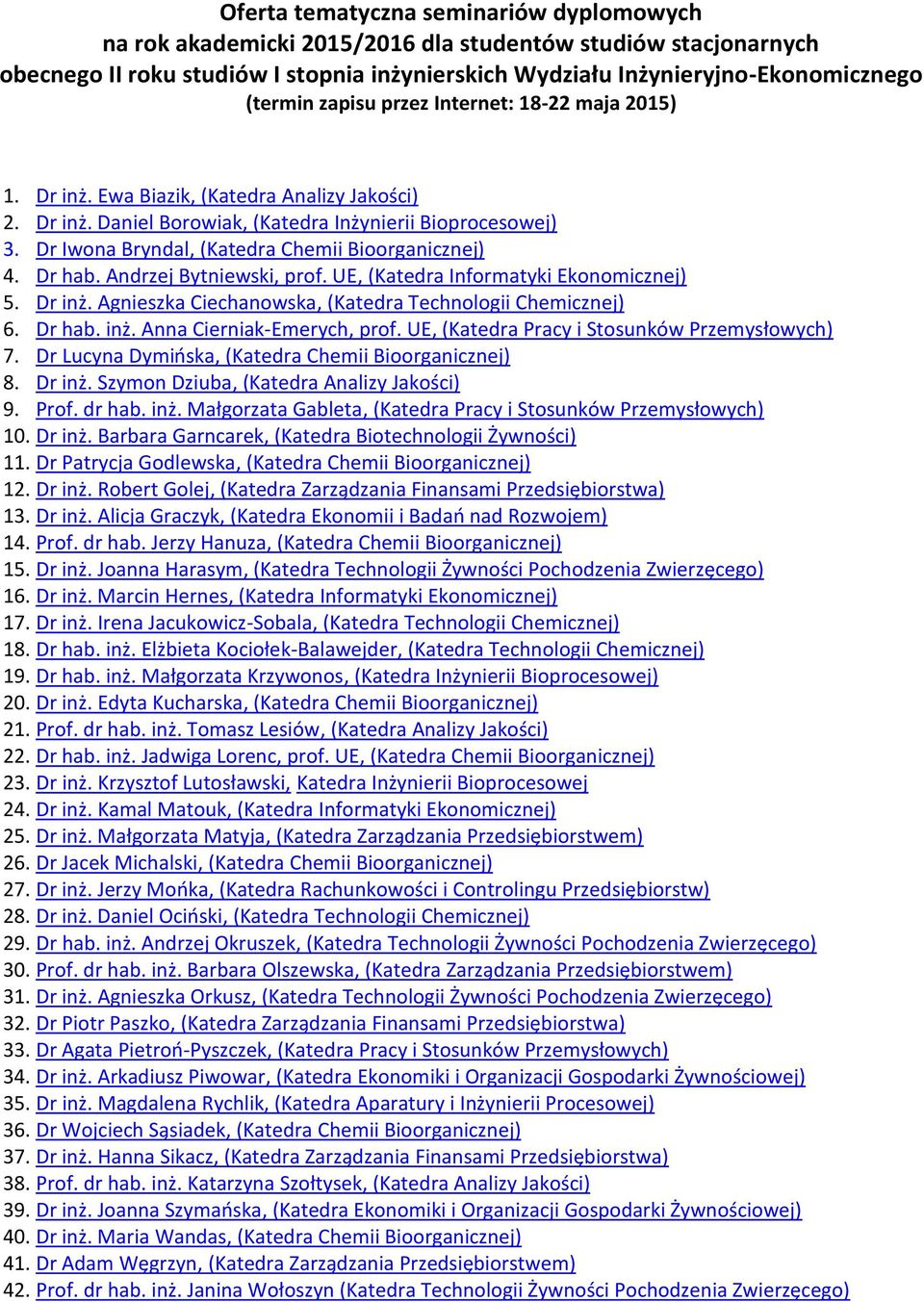 4 Dr hab Andrzej Bytniewski, prof UE, (Katedra Informatyki Ekonomicznej) 5 Dr inż Agnieszka Ciechanowska, (Katedra Technologii Chemicznej) 6 Dr hab inż Anna Cierniak-Emerych, prof UE, (Katedra Pracy