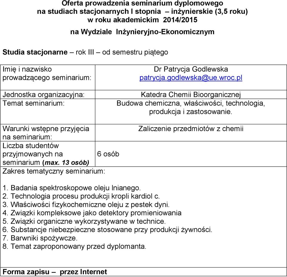 Technologia procesu produkcji kropli kardiol c 3 Właściwości fizykochemiczne oleju z pestek dyni 4 Związki kompleksowe jako detektory promieniowania 5