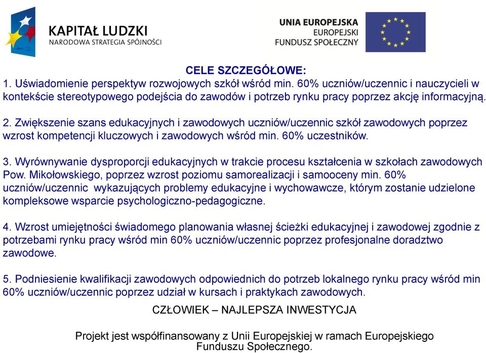 Zwiększenie szans edukacyjnych i zawodowych uczniów/uczennic szkół zawodowych poprzez wzrost kompetencji kluczowych i zawodowych wśród min. 60% uczestników. 3.