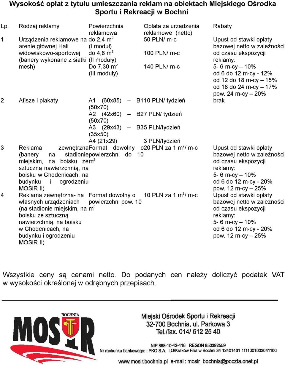 (I moduł) do 4,8 m 2 100 PLN/ m-c bazowej netto w zależności od czasu ekspozycji (banery wykonane z siatki (II moduły) reklamy: mesh) Do 7,30 m 2 140 PLN/ m-c 5-6 m-cy 10% (III moduły) od 6 do 12