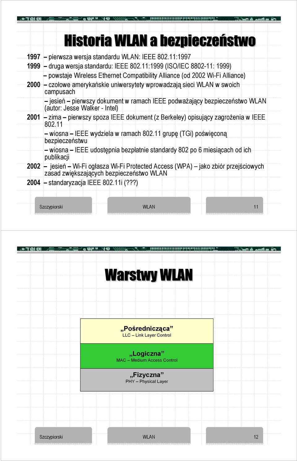 pierwszy dokument w ramach IEEE podważający bezpieczeństwo WLAN (autor: Jesse Walker - Intel) 2001 zima pierwszy spoza IEEE dokument (z Berkeley) opisujący zagrożenia w IEEE 802.