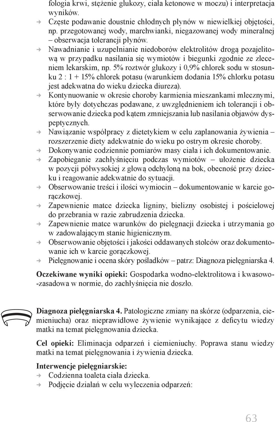 Nawadnianie i uzupełnianie niedoborów elektrolitów drogą pozajelitową w przypadku nasilania się wymiotów i biegunki zgodnie ze zleceniem lekarskim, np.