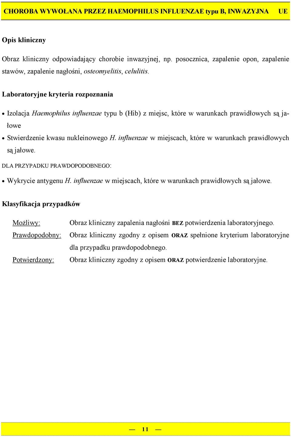 Izolacja Haemophilus influenzae typu b (Hib) z miejsc, które w warunkach prawidłowych są jałowe Stwierdzenie kwasu nukleinowego H.