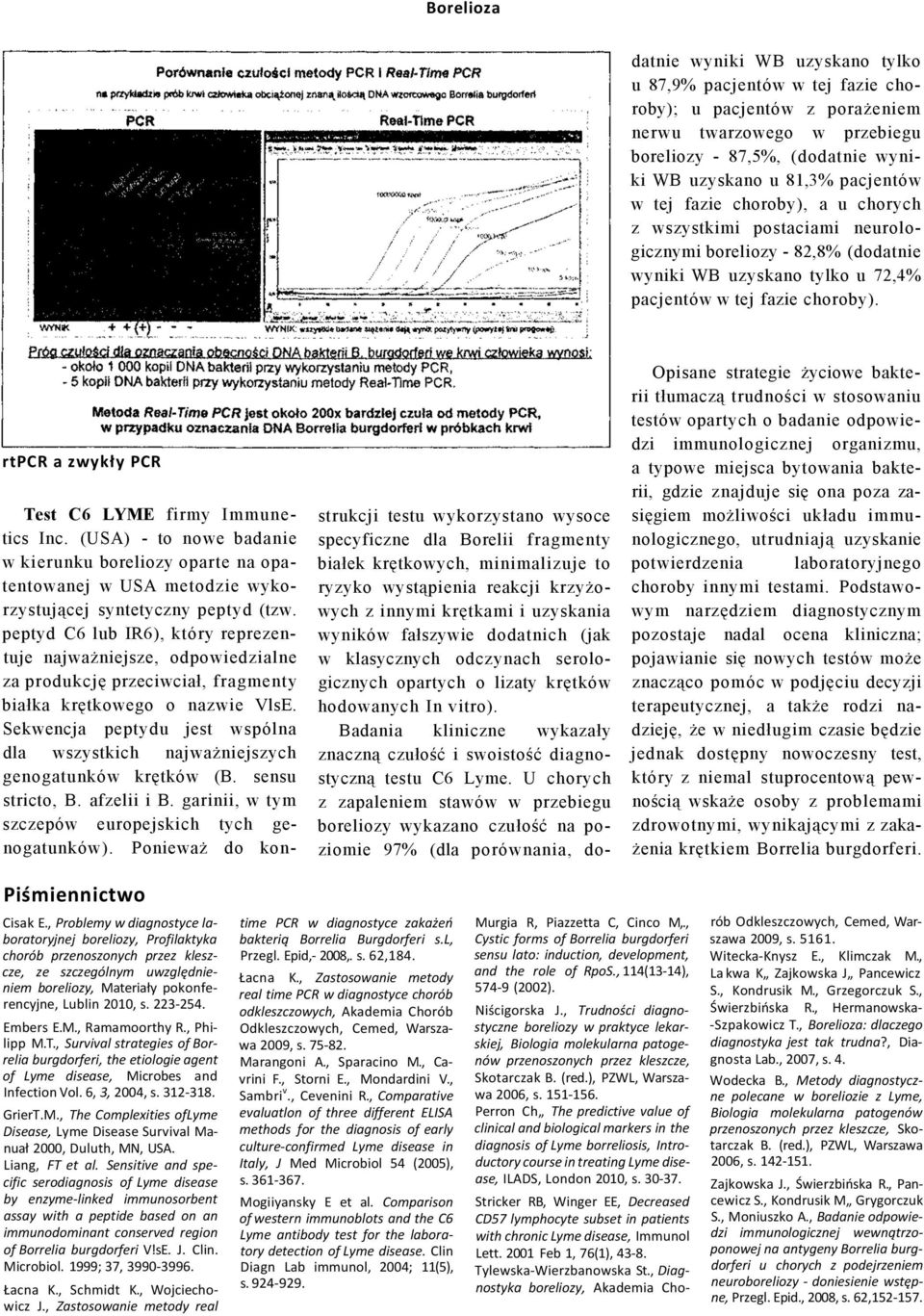 U chorych z zapaleniem stawów w przebiegu boreliozy wykazano czułość na poziomie 97% (dla porównania, dodatnie wyniki WB uzyskano tylko u 87,9% pacjentów w tej fazie choroby); u pacjentów z