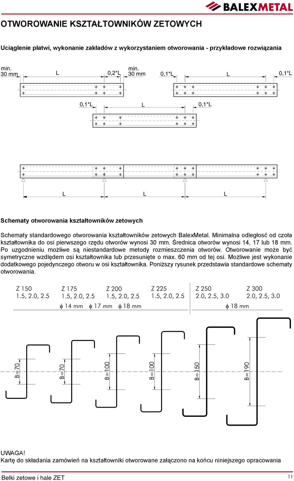 Minimalna odległosć od czoła kształtownika do osi pierwszego rzędu otworów wynosi 30 mm. Średnica otworów wynosi 14, 17 lub 18 mm.