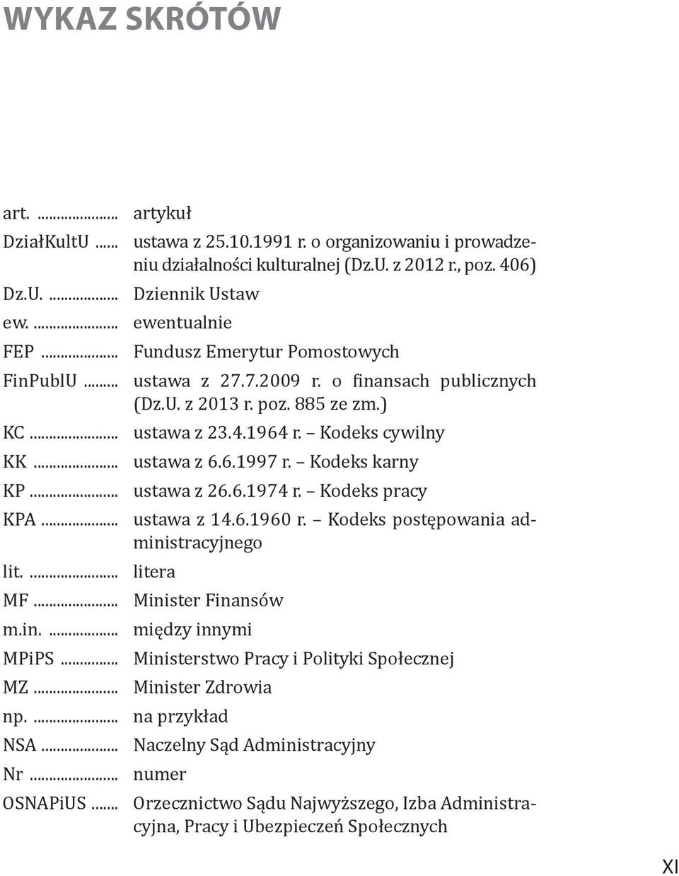 Kodeks karny KP... ustawa z 26.6.1974 r. Kodeks pracy KPA... ustawa z 14.6.1960 r. Kodeks postępowania administracyjnego lit.... litera MF... Minister Finansów m.in.... między innymi MPiPS.