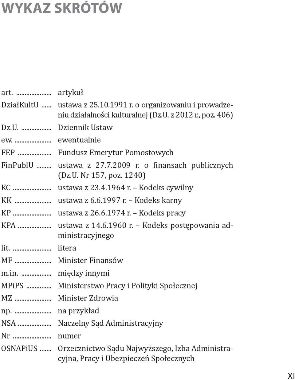 Kodeks karny KP... ustawa z 26.6.1974 r. Kodeks pracy KPA... ustawa z 14.6.1960 r. Kodeks postępowania administracyjnego lit.... litera MF... Minister Finansów m.in.... między innymi MPiPS.