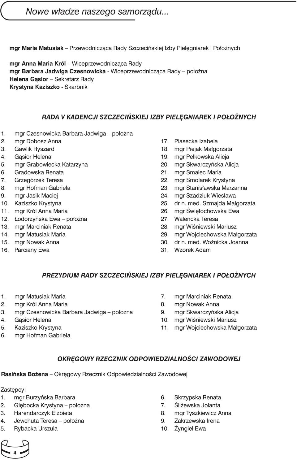 Helena Gąsior Sekretarz Rady Krystyna Kaziszko - Skarbnik RADA V KADENCJI SZCZECIŃSKIEJ IZBY PIELĘGNIAREK I POŁOŻNYCH 1. mgr Czesnowicka Barbara Jadwiga położna 2. mgr Dobosz Anna 3. Gawlik Ryszard 4.