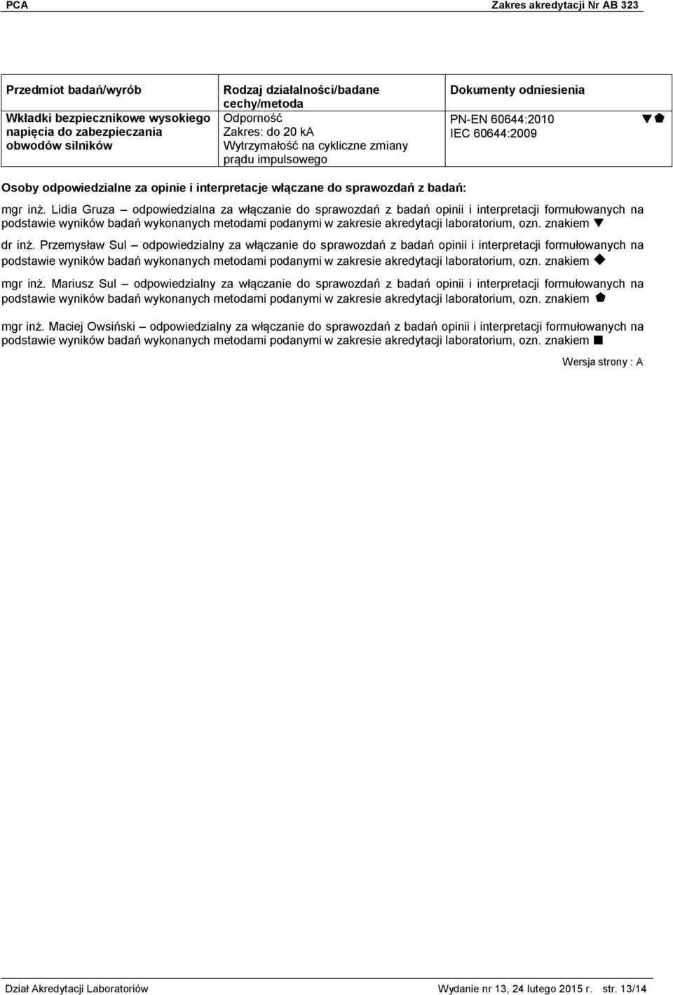 Lidia Gruza odpowiedzialna za włączanie do sprawozdań z badań opinii i interpretacji formułowanych na podstawie wyników badań wykonanych metodami podanymi w zakresie akredytacji laboratorium, ozn.