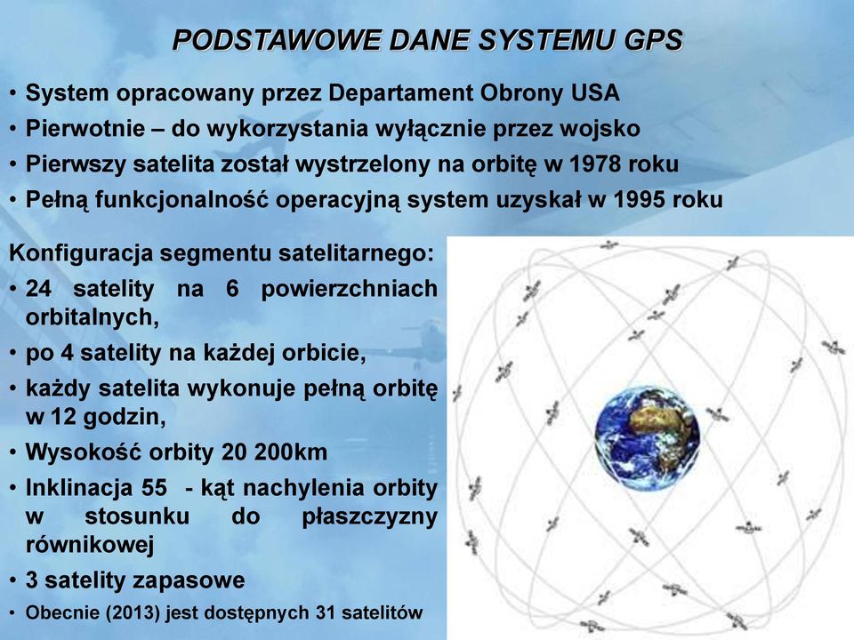 satelitarnego: 24 satelity na 6 powierzchniach orbitalnych, po 4 satelity na każdej orbicie, każdy satelita wykonuje pełną orbitę w 12 godzin,