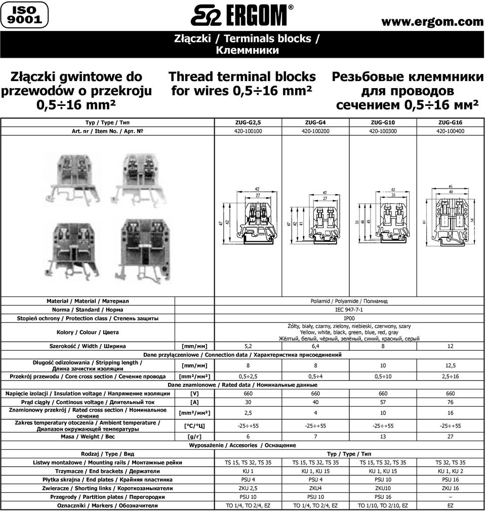 ZUG-G16 420-420-200 420-300 420-400 Materiał / Material / Материал Poliamid / Polyamide / Полиамид Norma / Standard / Норма IEC 947-7-1 Stopień ochrony / Protection class / Степень защиты IP00 Żółty,