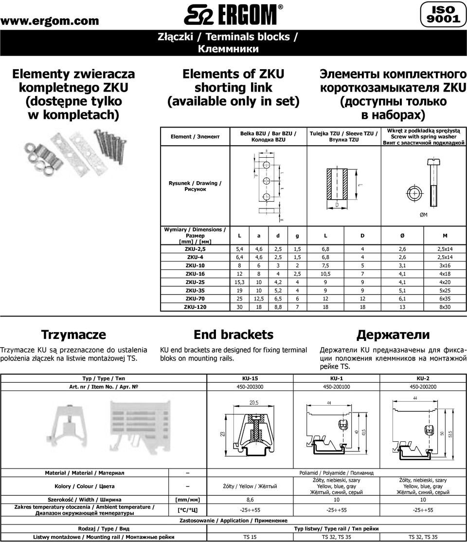 ØM Wymiary / Dimensions / Размер L a d g L D Ø M [mm] / [мм] ZKU-2,5 5,4 4,6 2,5 1,5 6,8 4 2,6 2,5x14 ZKU-4 6,4 4,6 2,5 1,5 6,8 4 2,6 2,5x14 ZKU-10 8 6 3 2 7,5 5 3,1 3x16 ZKU-16 12 8 4 2,5 10,5 7 4,1