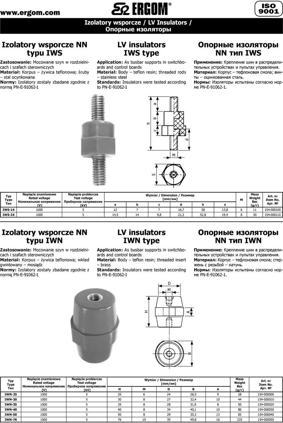 resin; threaded rods stainless steel Standards: Insulators were tested according to PN-E-91062-1 Опорные изоляторы NN тип IWS Применение: Крепление шин в распределительных устройствах и пультах