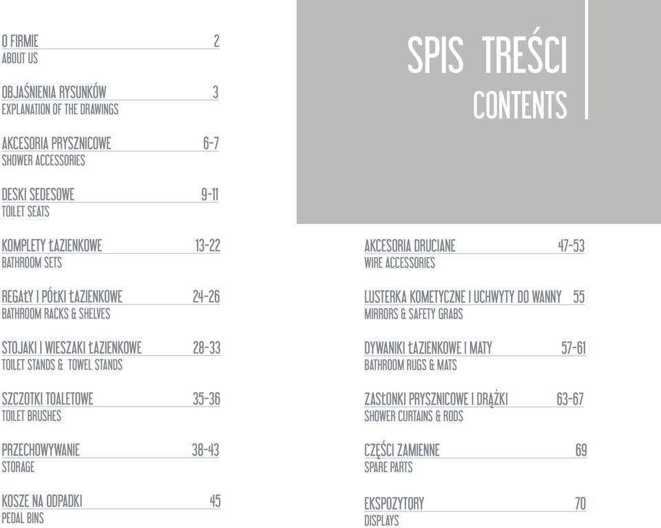 TOALETOWE 35-36 TOILET BRUSHES PRZECHOWYWANIE 38-43 STORAGE KOSZE NA ODPADKI 45 PEDAL BINS AKCESORIA DRUCIANE 47-53 WIRE ACCESSORIES LUSTERKA KOMETYCZNE I UCHWYTY DO WANNY 55